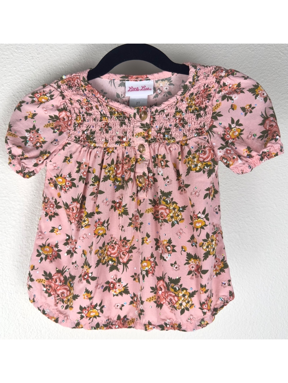 Little Lass Girls 2T Pink Floral Sparkle Smocked Puff Sleeve Boho Tunic Top
